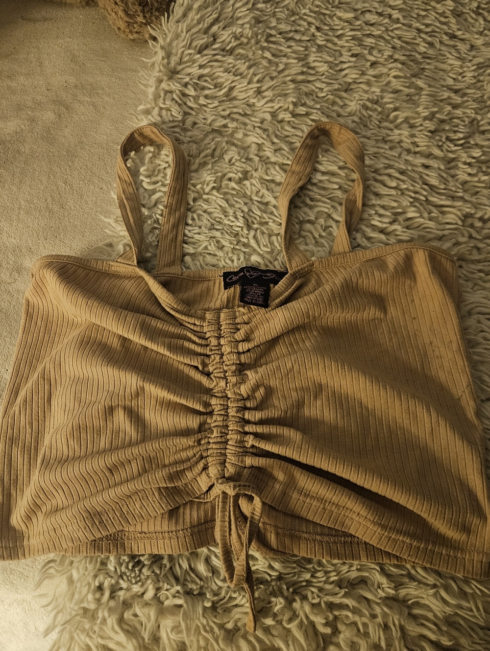 Cassi And Shay Tan Camel Color Ribbed Crop Tank Top With Adjustable Ties
